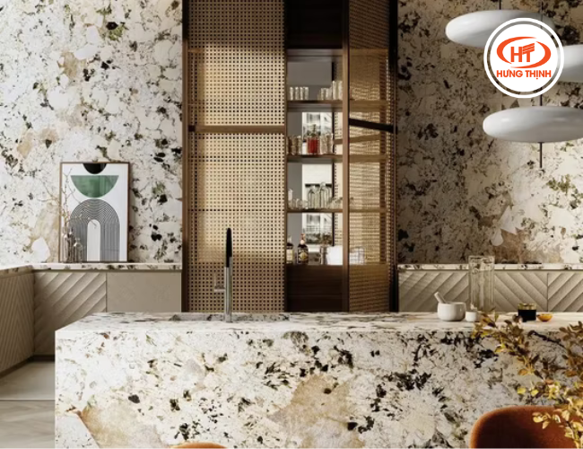 Không gian bếp hiện đại khi sử dụng đá Quartz Apinus 