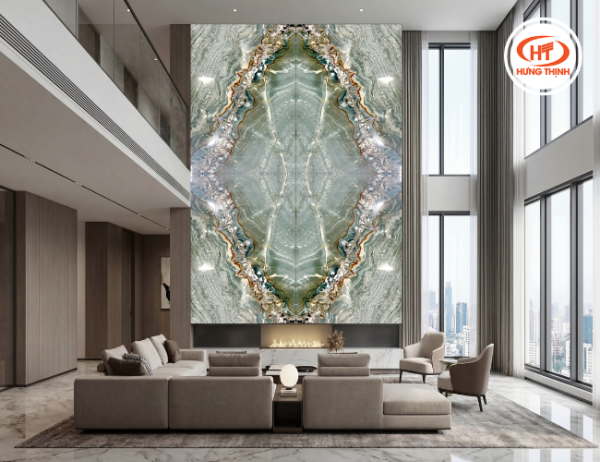 Tấm ốp tường phòng khách đá thạch anh vân tự nhiên sang trọng