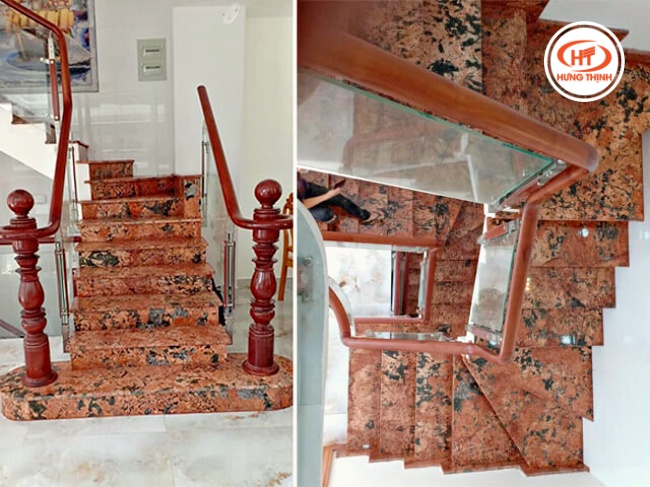 Công trình cầu thang đá Granite Alaska Red đẹp và sang trọng