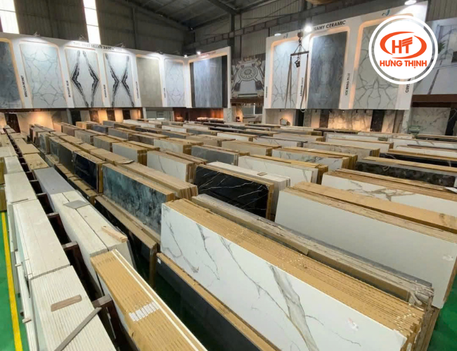 Cận cảnh kho đá Hưng Thịnh với nhiều loại đá tự nhiên ốp cầu thang cao cấp như Thạch Anh, Granite và Marble, trưng bày gọn gàng và mẫu mã đa dạng