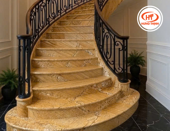 Cầu thang đá Granite India Gold sang trọng, nổi bật không gian nhà
