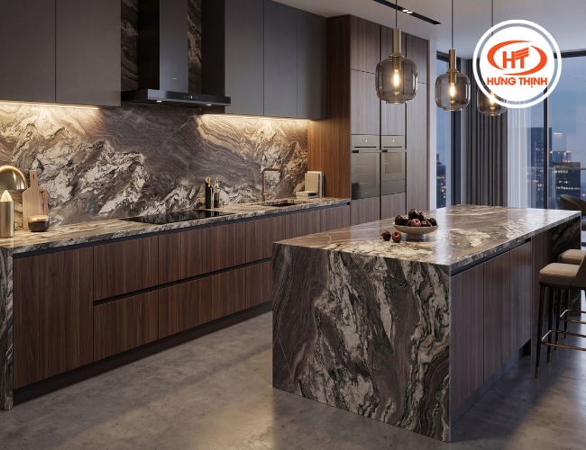 Bàn bếp ốp đá thạch anh Jupiter với bề mặt sáng bóng, vân đá tinh tế