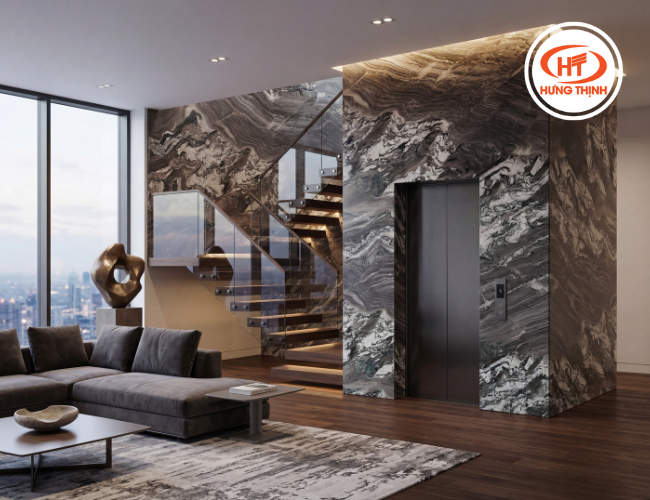 Đá thạch anh Jupiter ốp thang máy với bề mặt sáng bóng, vân đá sang trọng, tạo không gian hiện đại và đẳng cấp.