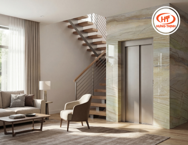 Đá thạch anh Macaubas ốp thang máy với bề mặt sáng bóng, vân đá sang trọng, tạo không gian hiện đại và tinh tế.