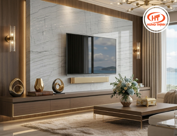 Ốp vách ti vi sang trọng bằng đá Thạch Anh White Lux