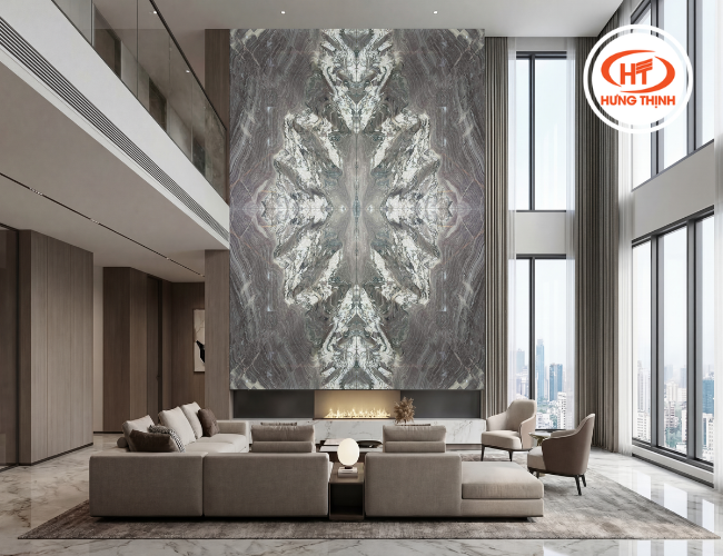 Tranh đá thạch anh Jupiter treo tường phòng khách với vân đá tự nhiên sang trọng, bề mặt sáng bóng, tạo điểm nhấn hiện đại cho không gian.