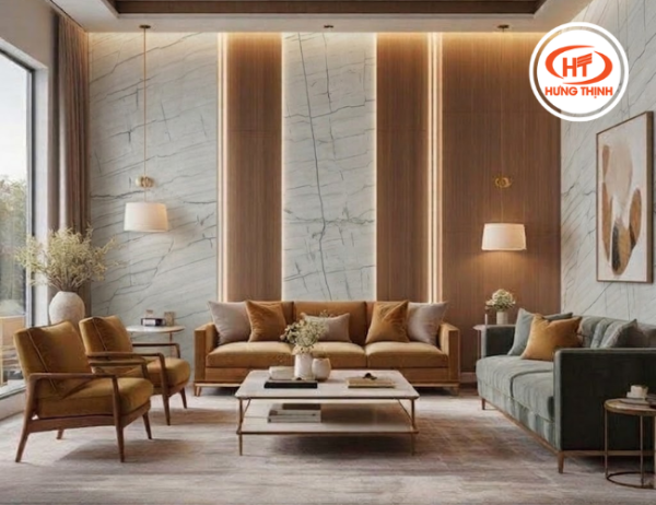Nổi bật không gian phòng khách bằng tranh đá Thạch Anh White Lux