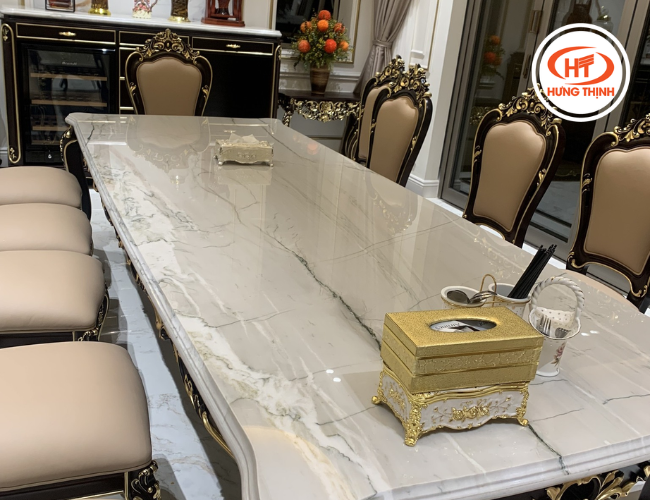 Chi tiết mặt bàn bằng đá Thạch Anh Bianco Superiore