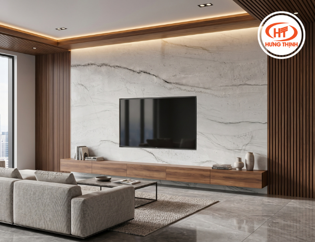 Vách tivi đá Thạch Anh Bianco Superiore cho phòng khách hiện đại