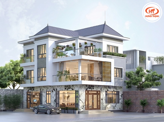 Mặt tiền ốp đá Granite Champagane Gold kết hợp phong cách hiện đại