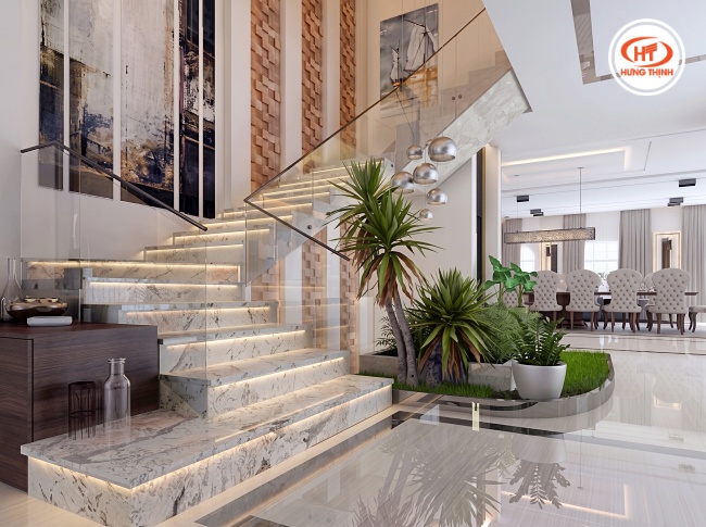 Đá Granite Blossom White ốp cầu thang trong công trình cao cấp