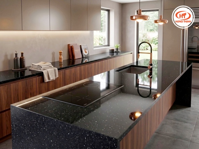 Căn bếp sang trọng, đẳng cấp của căn bếp khi ốp đá đen Granite Xà Cừ Hoàng Gia