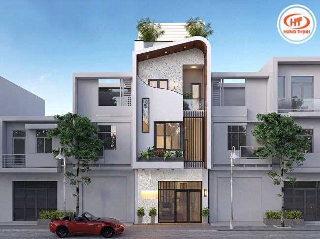 Đá trắng mặt tiền cùng với vật liệu kính tạo vẻ đẹp sang trọng - tinh tế
