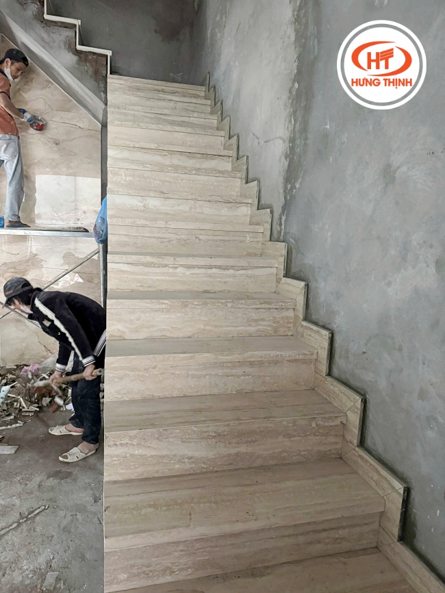 Thực tế công trình đá cầu thang Nung Kết Travertino Sand