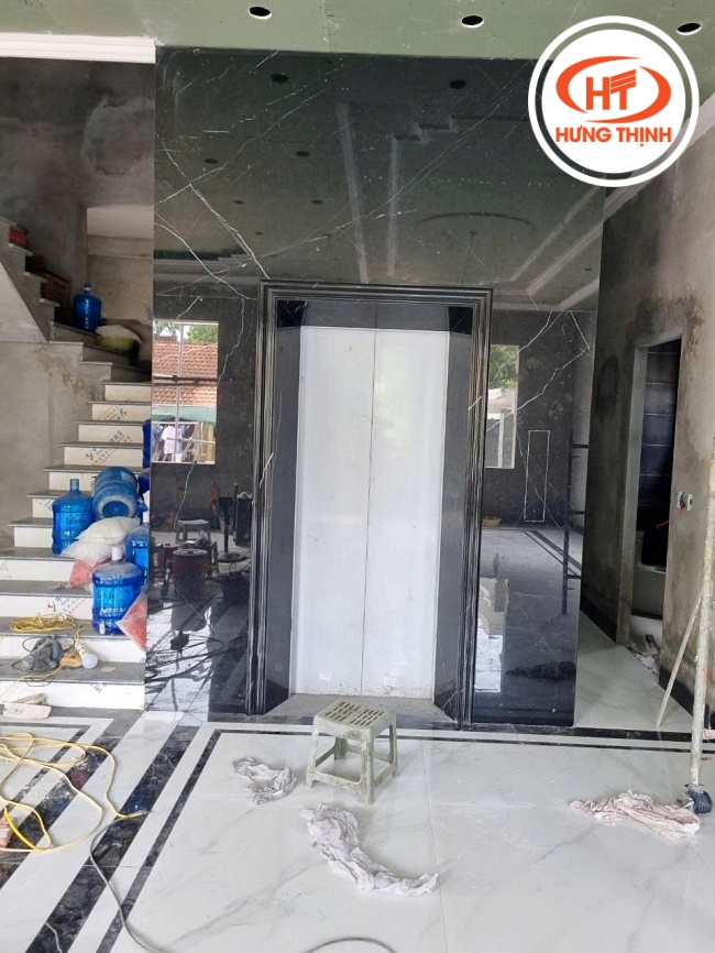 Đá Marble Đen Chỉ Trắng sang trọng khi ứng dụng vào hạng mục ốp thang máy