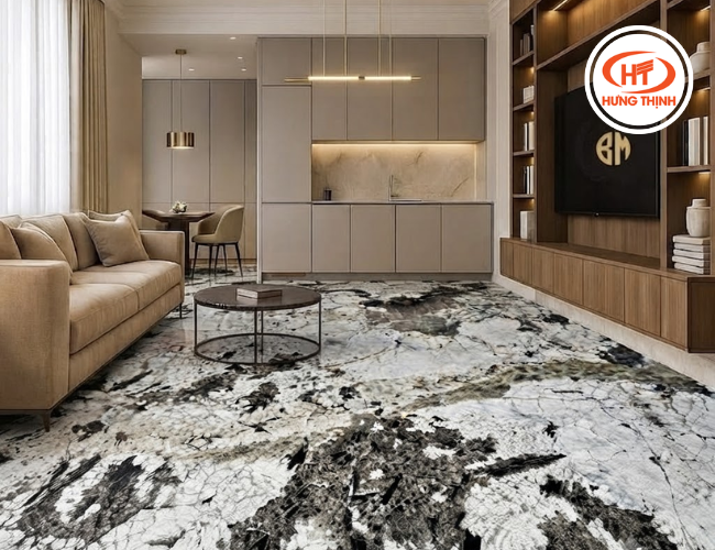 Không gian rộng rãi hiện đại hơn với sàn đá Granite Apolo White.