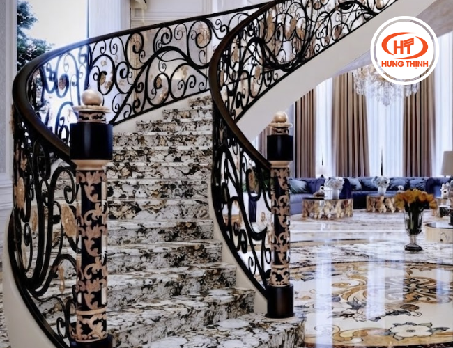 Cầu thang nổi bật với vẻ đẹp bền cao của đá Granite Apolo White.
