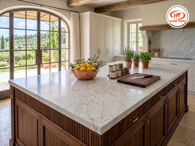 Các mẫu đá bàn bếp đẹp Marble thường được ứng dụng làm bếp khô, bàn đảo hoặc bếp trang trí mang phong cách châu Âu
