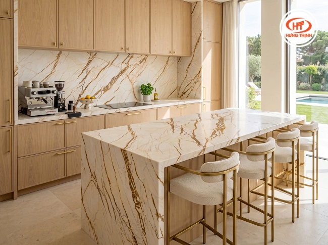 Bàn đảo dùng dá Marble ốp bếp