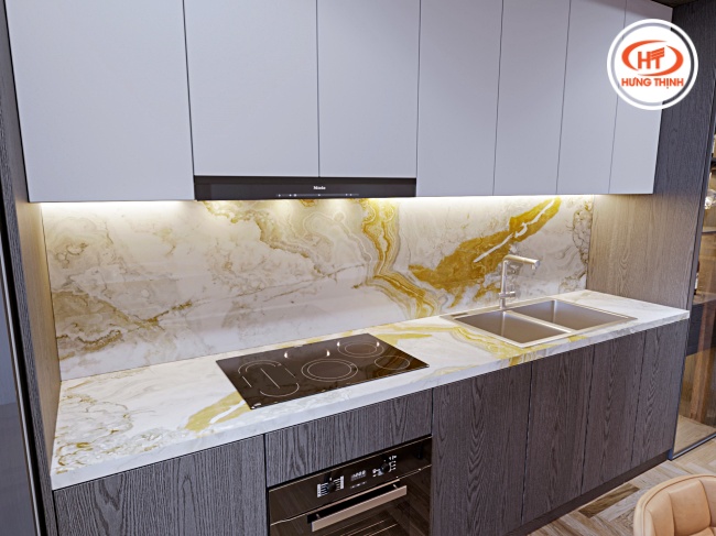 Mẫu đá bếp nhân tạo nung kết khổ lớn mang lại vẻ đẹp sang trọng và liền mạch cho không gian bếp.