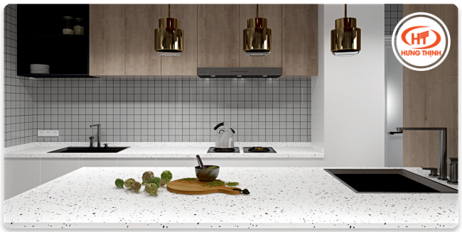 Đá bếp nhân tạo Terrazzo tông màu trung tính tạo nét chấm phá hiện đại cho đảo bếp
