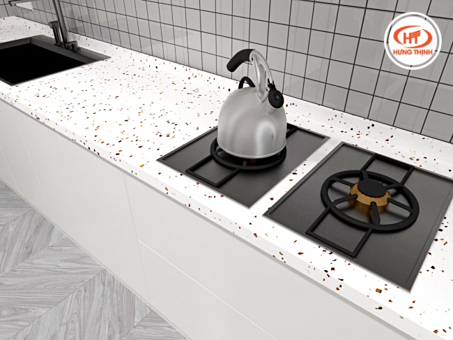 Mặt bàn bếp ốp đá Terrazzo nhân tạo với họa tiết hạt phối màu độc đáo, trẻ trung.