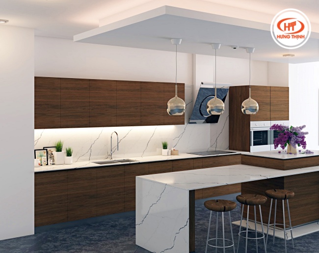 Đá bếp nhân tạo Vicostone hiệu ứng vân rạn mạnh mẽ, tạo điểm nhấn phá cách cho căn bếp hiện đại