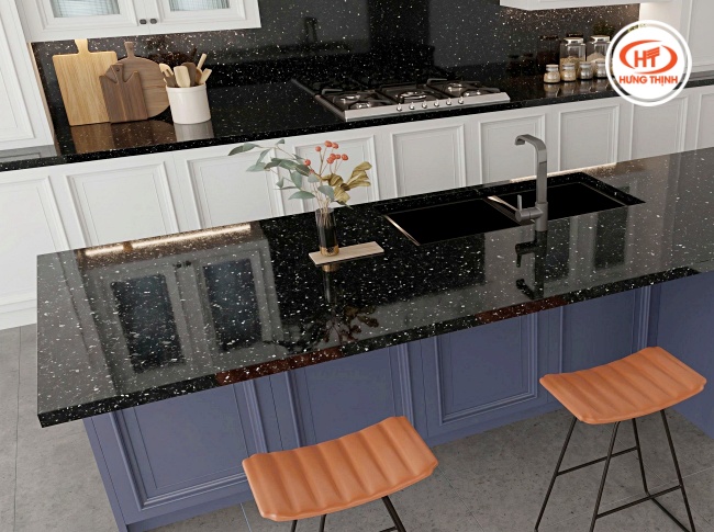 Bàn đảo đá mặt bếp Granite đen - điểm nhấn sang trọng, huyền bí với bề mặt chống trầy xước và chịu nhiệt vượt trội.