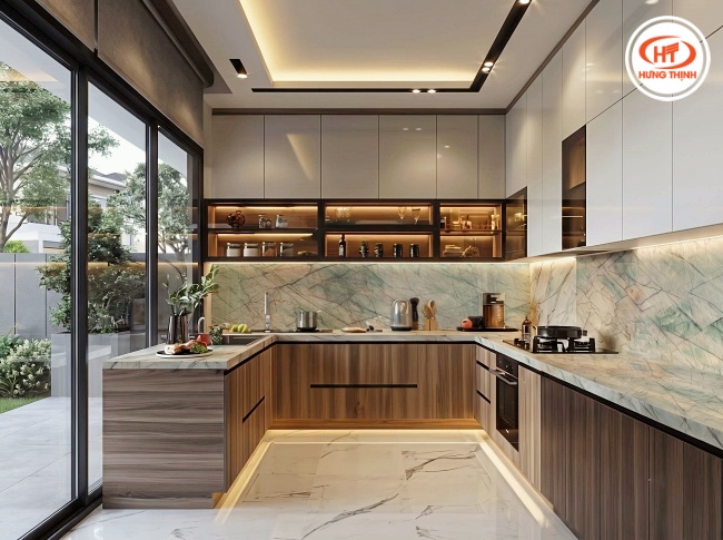 Đá Thạch Anh Verona Green mang đến diện mạo khác biệt cho không gian bếp nhờ nền xanh nhẹ cùng những đường vân tự nhiên